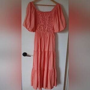 Women’s Coral Midi Dress with Puff Sleeves